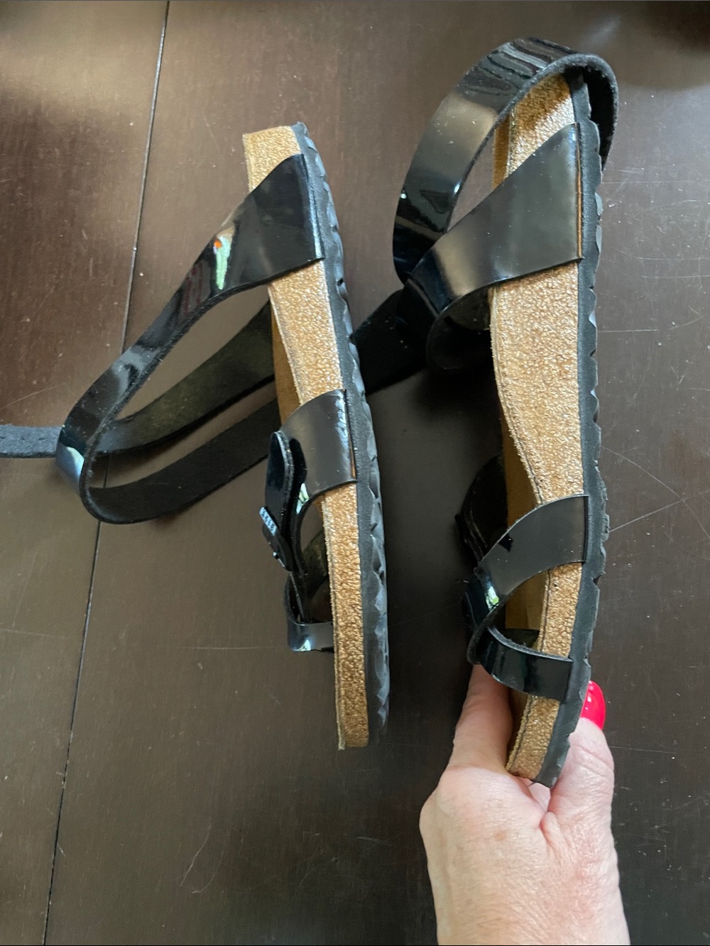 Birkenstock Black Patent Cross-Strap Sandals Size 41. Straps wrap around ankle. - Picture 3 of 4